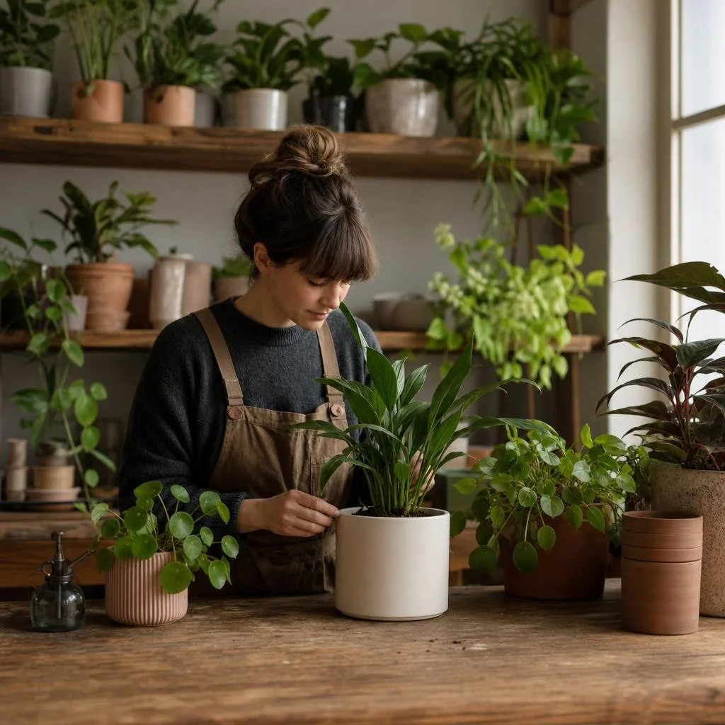 Bright plant studio with leafy greenery and terracotta pots