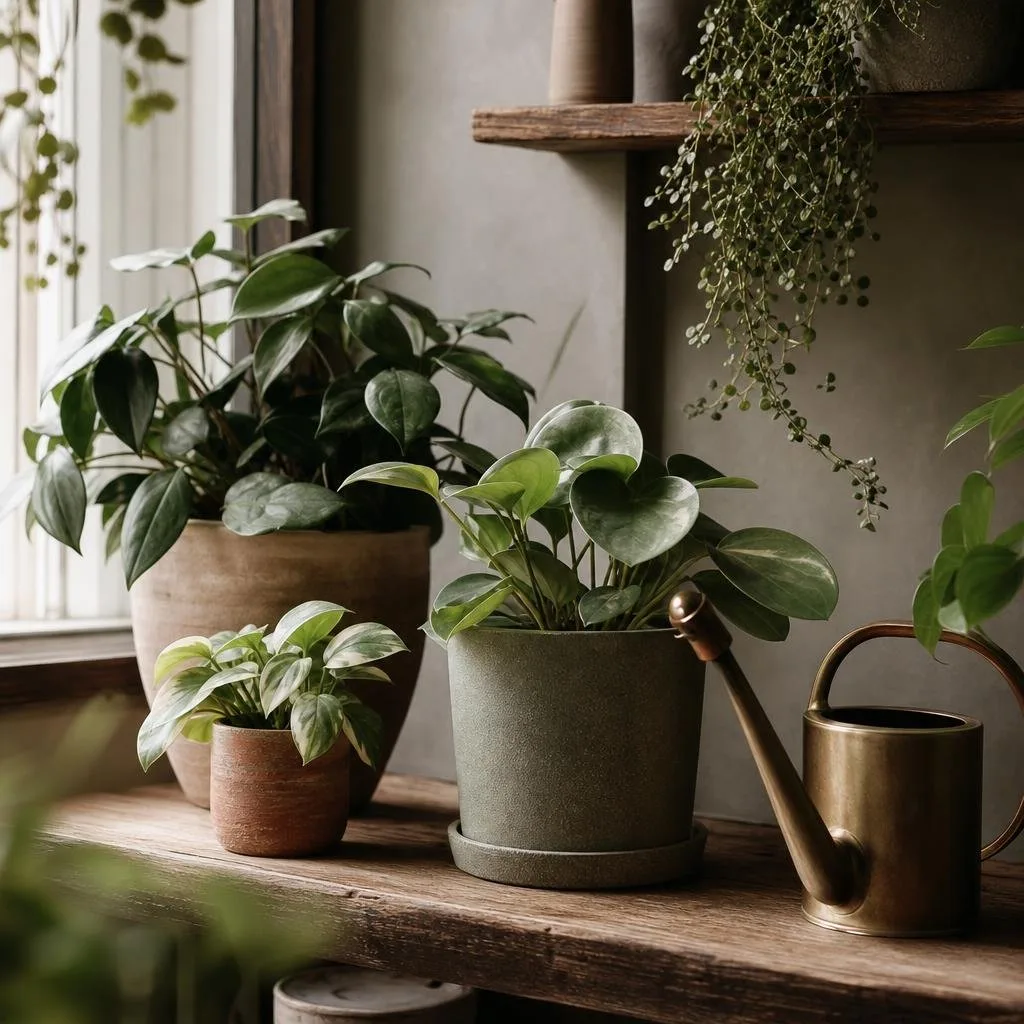 Potted greenery and a watering can arranged on a wooden shelf