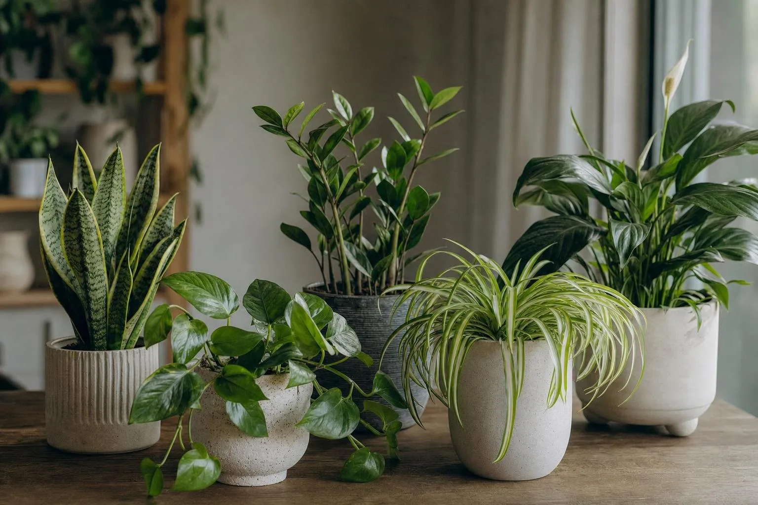 Sunlit room filled with leafy indoor plants in terracotta pots